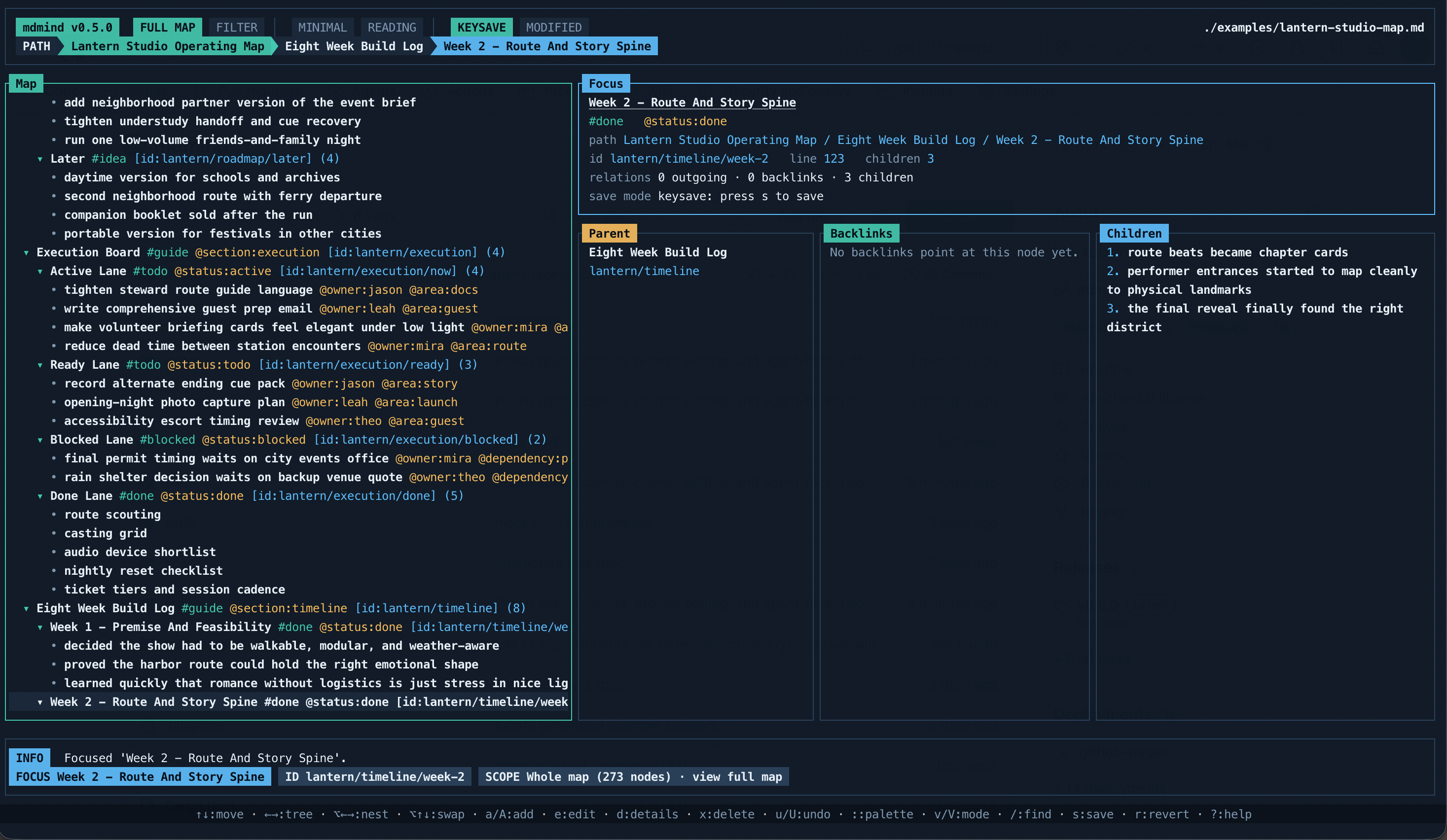 mdmind screenshot showing natural keyboard navigation through the Lantern Studio example map