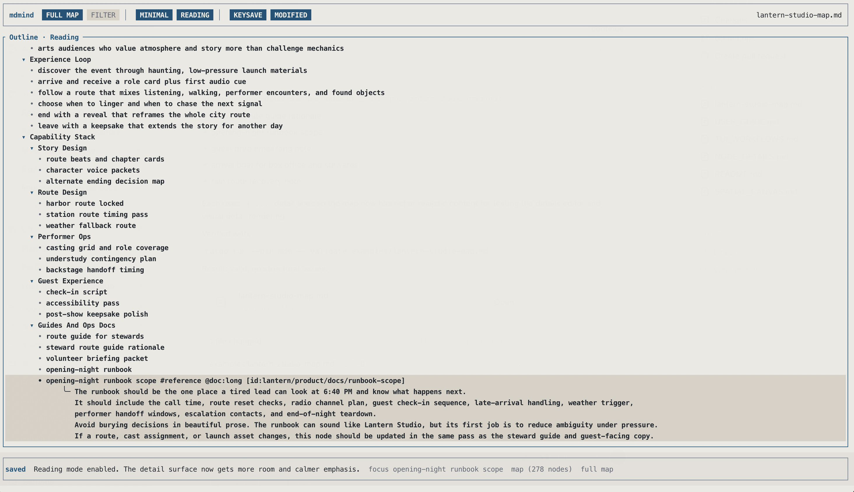 mdmind screenshot showing reading mode with long details attached to a Lantern Studio map node