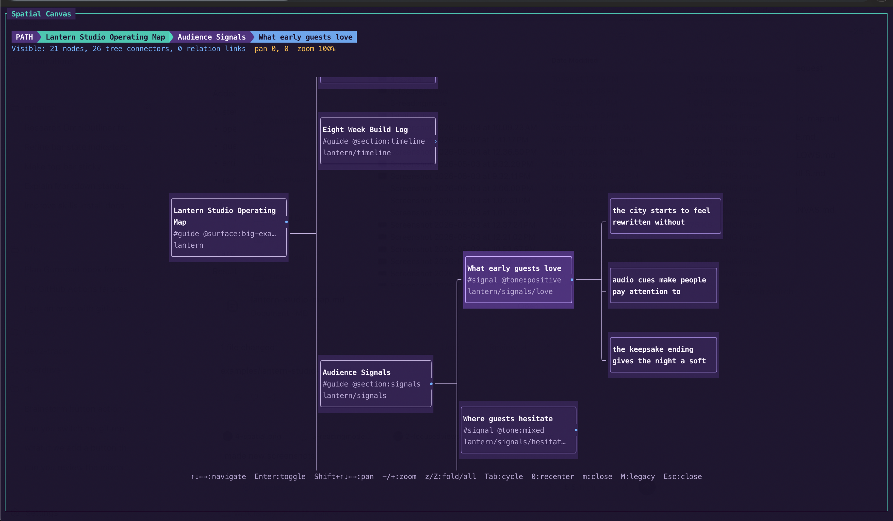 mdmind screenshot showing the spatial canvas for the Lantern Studio example map
