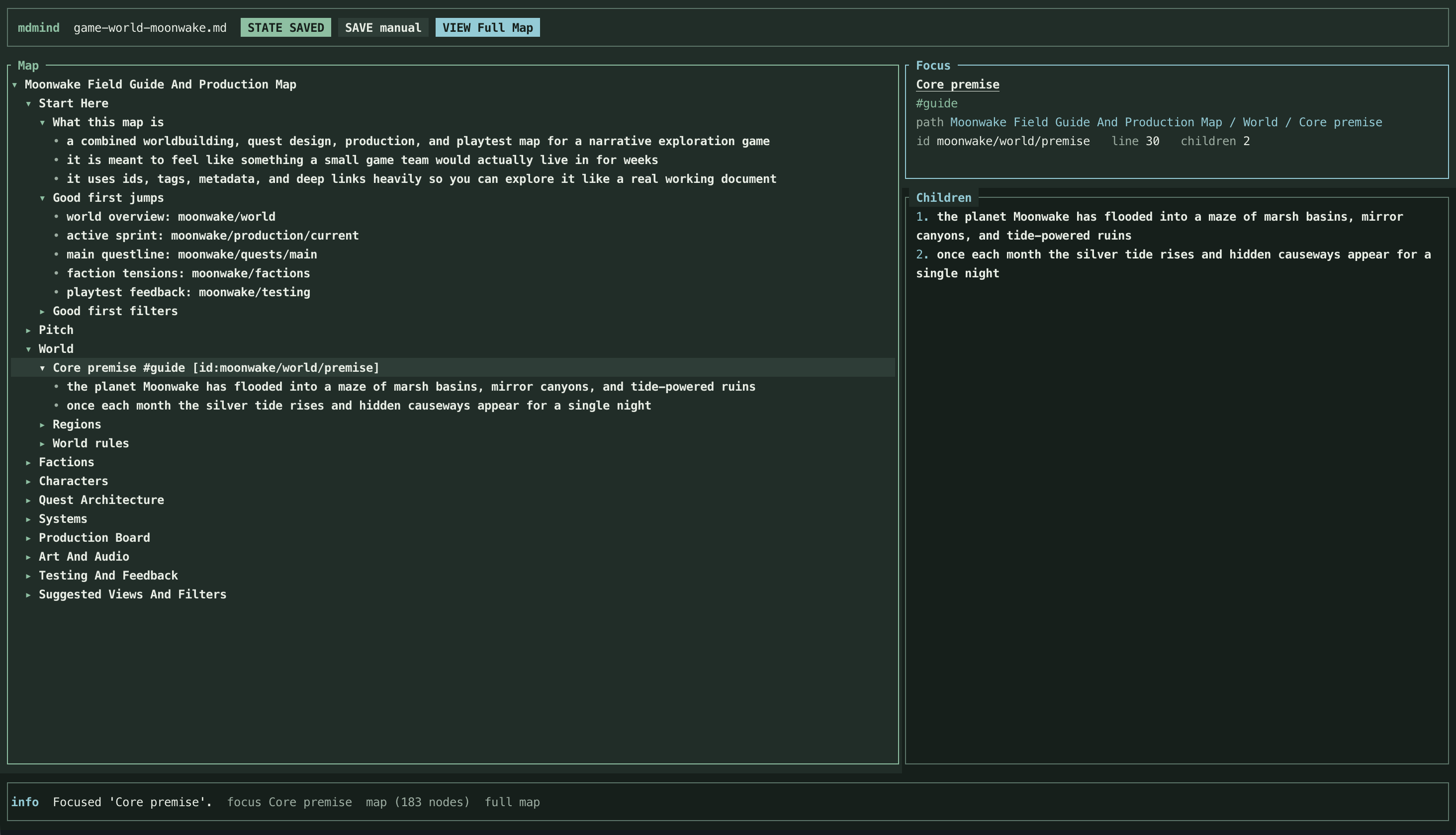 mdmind screenshot showing the main outline and focus layout