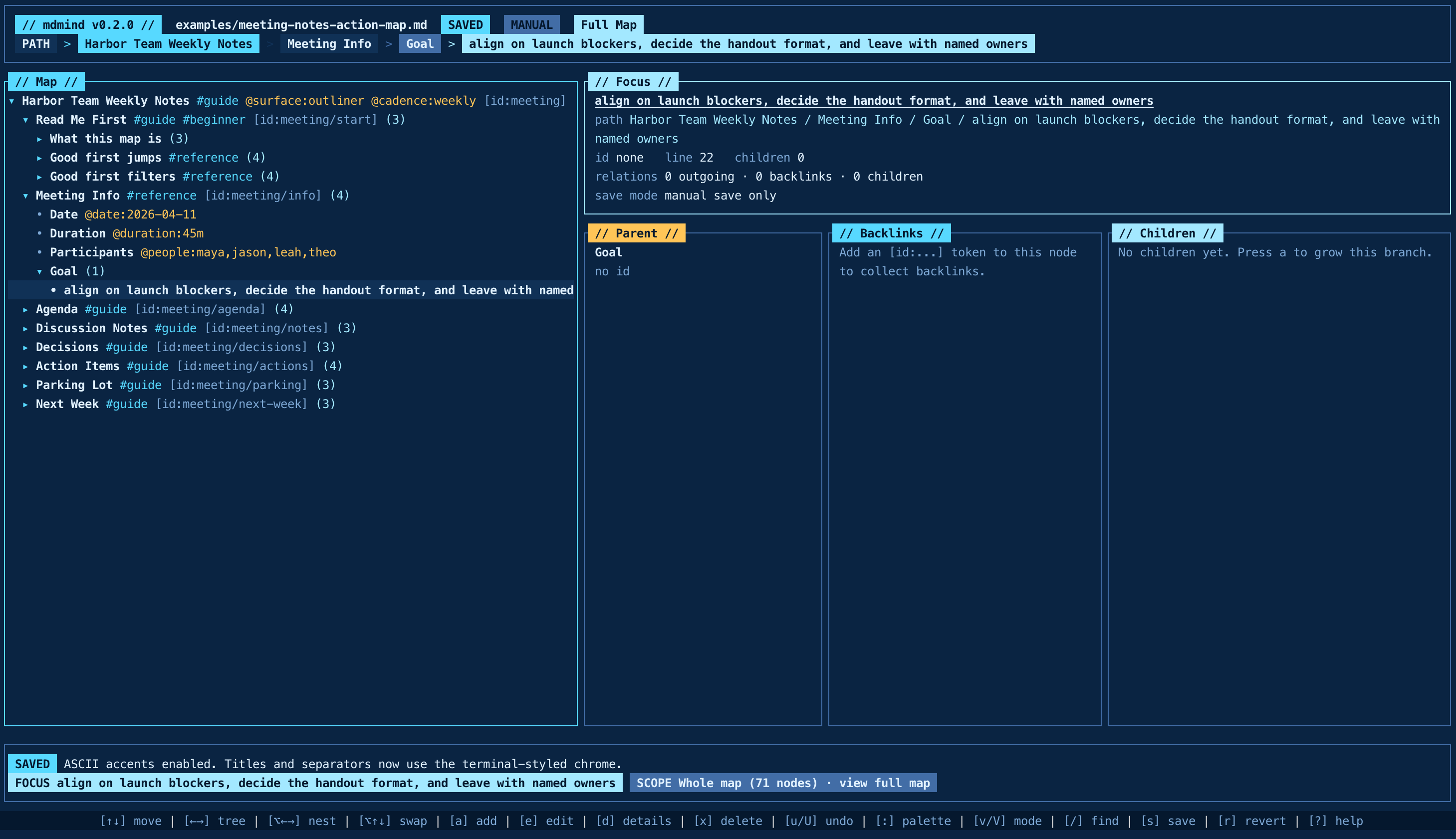 mdmind screenshot showing the main outline and focus layout in the terminal