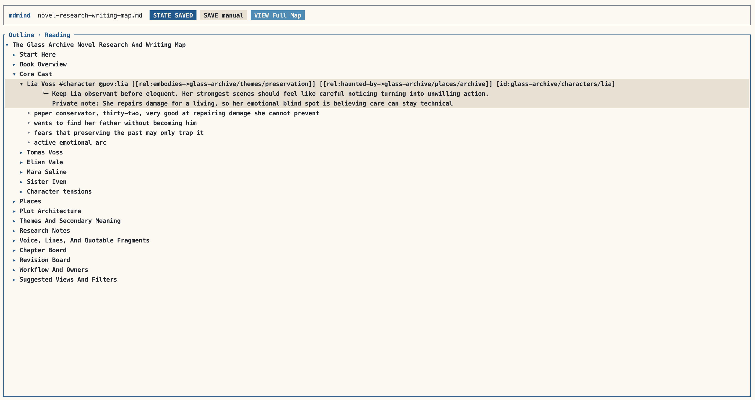 mdmind screenshot showing inline reading mode with attached notes